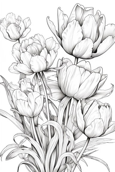 line drawing clipart of tulips and chrysanthemum in black and white