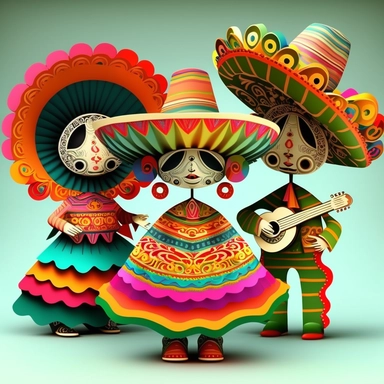clip art people in sombreros in mexican style, cinco de mayo, dancing, big eyes, smiles, happy, in the style of layered organic forms, detailed character clip art, shaped canvases, giant money sculptures, detailed, cartelcore, colorful layered,