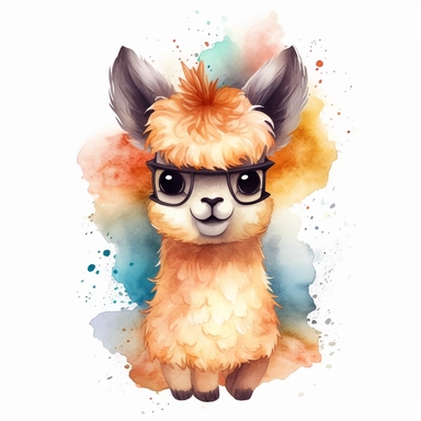 cute cartoon alpaca fawn wearing black shades, watercolour and realism clipart, isolated white background with fireworks