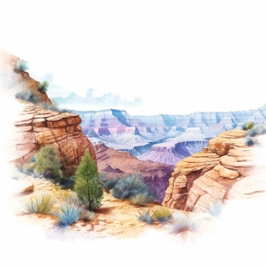 vast panoramic view, full view, illustration clipart, soft watercolor, beautiful grand canyon landscape with trail, sharp focus, high detail, romantic, fantasy, ethereal, transparent background