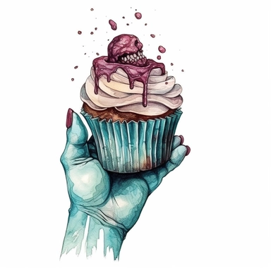Hand drawn cupcake with a zombie arm reaching out of the center of cupcake as if the cupcake is a grave, shades of teal and burgundy, goth, glamorous, Halloween, very detailed and realistic, watercolor, white background with margins, clipart style