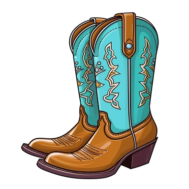 very simple sharp detail pair of tan and turquoise cowgirl boots cartoon clipart