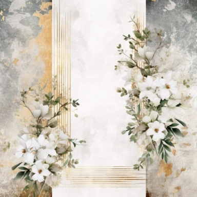 scrapbook paper template, intricate three small bouquets of white floral watercolor clipart on the borders on paper, luxurious textures, nature-inspired pieces, very high resolution