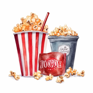 Movie night sign,soda, a bucket of pop corn and clapper. Watercolor hand painted cinema concept illustration. Enterteinment themed design. Clip art