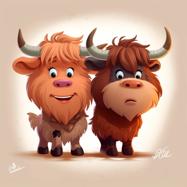 cute baby longhaired highland cows clipart that have a western feel drawn in Pixar style