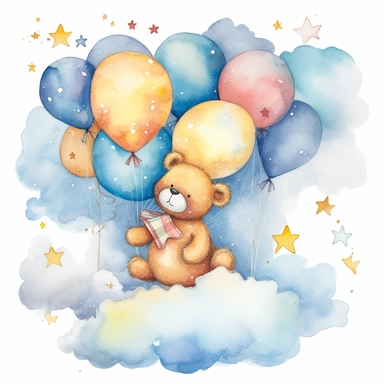 An adorable bear clipart watercolor nursery scene featuring a sweet teddy bear sitting on a fluffy cloud, surrounded by a celestial sky filled with twinkling stars and a crescent moon, while colorful balloons and streamers add a festive touch, Illustration, watercolor on textured pape, no bakcground