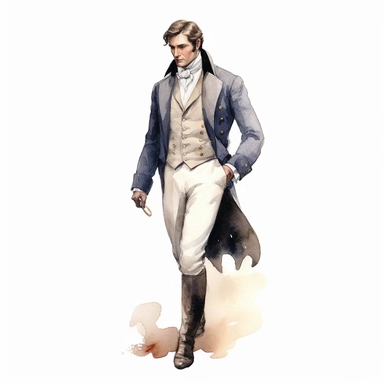 realistic watercolor portrait of a Regency gentleman in elegant attire, walking, white background, clean outline, clipart. no mockup