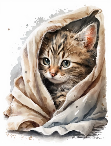 baby cat in a blanket, watercolor clipart, transparent background