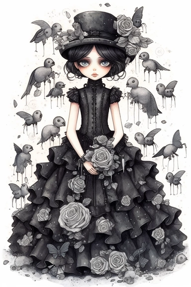 watercolor mixed media goth steampunk bride girl entire body and bridesmaids in goth steampunk wedding decor illustration clipart by holly hobbie