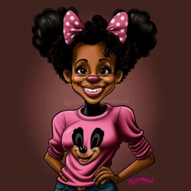 2d, beuatiful vibrant full body happy african american adult mickey mouse woman clipart, dark brown face, pink ears, cartoon realistic