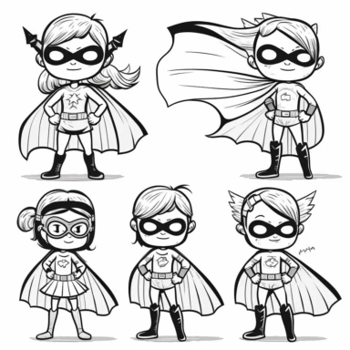 superhero clipart, black and white, white background, line drawing, no shading, multiple poses, cape, for kids, simple