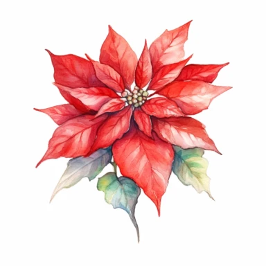 A isolated watercolor clipart, christmas red poinsettia, white background, Art Nouveau, highly detailed,