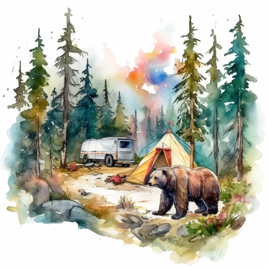 ink and watercolor illustration of campsite with a bear, realistic, sharp focus, bright bold colors, beautiful, soft details, clipart, white background