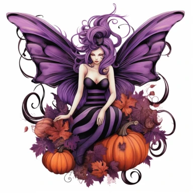Halloween fairy, clipart, large purple,wings, black white stripes, pumpkin, isolated on white background, in the style of Amy Brown, beautiful fall floral, bright color, crisp lines, chaos 8