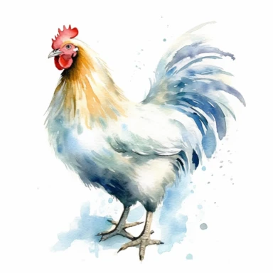 A delightful watercolor clipart illustration of a Hen bird, portrayed with charm against a pristine white background. The artwork captures the essence of the Hen's endearing nature, with its plump body, feathered wings, and inquisitive eyes. The watercolor technique adds a soft and whimsical touch to the illustration, with gentle brushstrokes that bring the bird to life. The Hen is depicted in a relaxed pose, perhaps amidst a peaceful farmyard setting. The white background enhances the Hen's nat