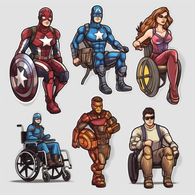 6 clipart elements, series of very hyperdetailed colorful stickers, cool people with disabilities, marvel style, superheros, each sticker with a clear white outline between each element, light grey background, realistic