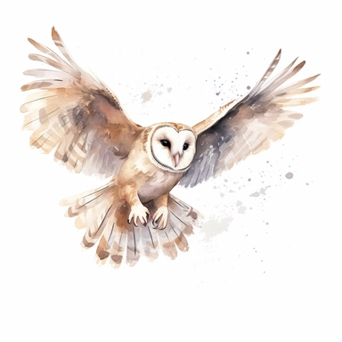 watercolor clipart of celestial flying barn owl, on white background