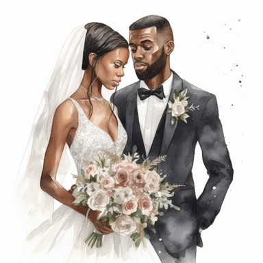 Watercolour of a black bride and groom , Clipart,Cartoon,hyper realistic, intricate detail, illustration style,high resolution, isolated on a white background