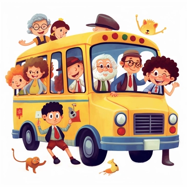2D CUTE CLIPART OF OLDR GREYING MALE BUS DRIVER HAPPILY DRIVING HAPPY CHILDREN TO SCHOOL, WHITE BACKGROUND