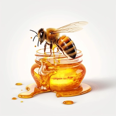 honey bee eating from beauty jar with honey realistic clipart on white backround