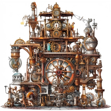 Clipart. White background: In a bustling workshop adorned with shelves of magical artifacts and complex machinery, a collection of whimsical steampunk contraptions takes center stage. Gears, cogs, and valves intertwine with enchanting symbols, infusing the mechanical devices with the power of magic. The foreground showcases the intricate details and fantastical designs of the contraptions, each one uniquely crafted and powered by the whimsical fusion of magic and steampunk aesthetics. The backgr