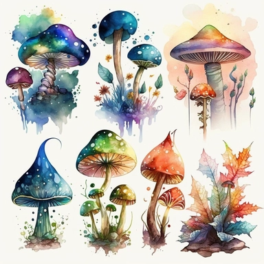 /FAST Watercolor Magic Mushrooms MIX COLORS amber antique rose berry blue blue green bubblegum pink claret evergreen blue_green pumpkin rainbow sliver blue teal velvet blackwhite Clipart - dark fantasy watercolor witch fairy starts magical ar__ 14 :10 __ s750 __v5