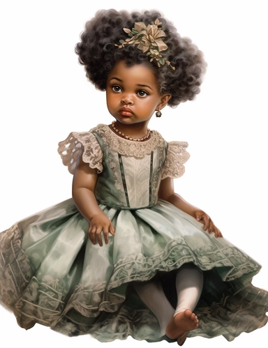 gorgeous african american baby girl with green eyes in vintage victorian dress, clipart, Composition: Relaxed position with intricate high hairstyle, Style: gothic, white background, hyperrealism, 32k