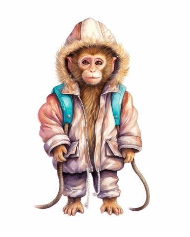 detailed watercolor Baby Monkey with jacket , hyper realistic, isolated on a white background, clipart