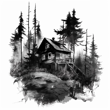 An intricate ink drawing of A desolate and haunting woodland cabin, nestled among towering trees, exuding a sense of foreboding, ominous, black and white, white background, clipart