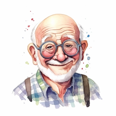 a watercolor clipart image with a white background, featuring a cute sweet extremely happy cartoon grandad