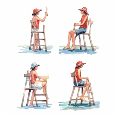 watercolor beach lifeguard on highchair with binocolurs in hand looking in the ocean , illustrations clipart set, simple, , cartoon elements ,different variants , separate elements with a margin, wooden and plastic elements elemets ,4k, high resolution