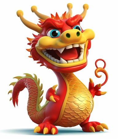 Traditional Chinese New Year 3D cartoon image：a cute dragon has its hands stretched out, in the style of lively action poses, ron english, he jiaying, cosmic jester, ps1 graphics, yellow and red, cassius marcellus coolidge，dragon clipart image red dragon clipart of emoji clipart, in the style of anaglyph effect, light blue and yellow, comical choreography, cartoonish characters, xbox 360 graphics, anthropomorphic surrealism, cartoon mis-en-scene a cartoon red and blue dragon running through a wh