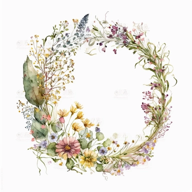 april wild flowers delicate and asymmetrical ring Arrangement, watercolor, white background, feminine, clipart