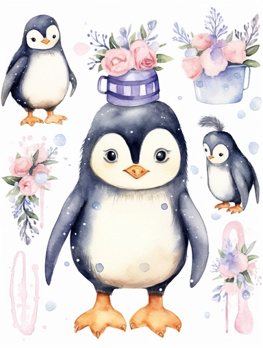 penguin Watercolor Clipart, Cute Baby Shower Graphics