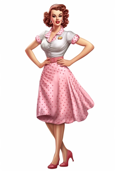 full body shot of a posing housewife against white background, in the style of vintage-inspired pin-ups, realistic figures, polka dot madness, pink and amber, against qhite background clipart png