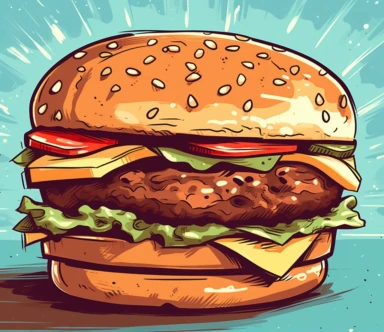 a hamburger clipart on white background, in the style of cross-processing/processed, bold outlines, flat colors, 2d game art, dark cyan and red, close-up intensity, sleek, mike judge