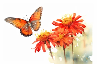 Watercolor, Generate an image of an Orange Barred Sulphur butterfly feeding on the nectar of a vibrant orange flower, clipart, hd, on a white background, spaced out