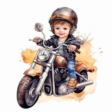 Cute little biker boy riding a Harley Davidson watercolour white background clipart