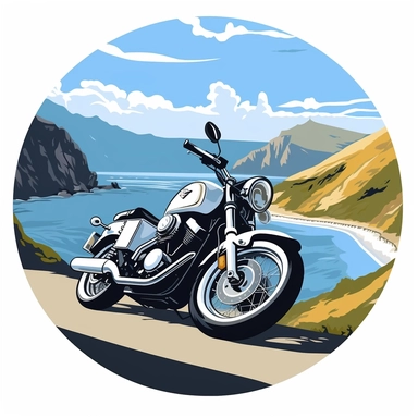Motorcycle parked near a coastal road, vector art, in the style of Georgia O'Keeffe, clipart, white background, rounded corners