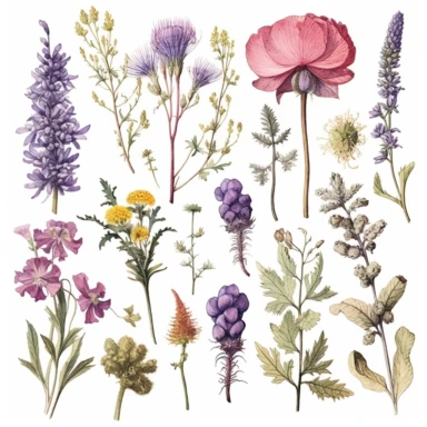 Job ID c43ad560-b297-4b98-bfbb-692d030f9e14, clipart of beautiful wild flowers with eucalyptus leaves, colorful, ornate, intricate, beautiful, soft, cute, watercolor style, hand drawn style, line art
