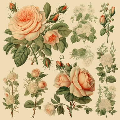vintage roses and bushes clipart set, in the style of wallpaper, light brown and green, 1860–1969, canvas texture emphasis, elaborate borders, edward julius detmold, cartoonish motifs