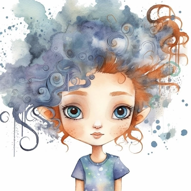watercolour clipart of a girl, with crazy brawn hair, blue-gray eyes, the sweet and scatterbrained dreamer, with a great sense of humor. She immerses herself in the world of digital design, creating exquisite papers for scrapbook albums. Though she may of