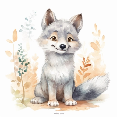 Cute woodland wolf in its natural state clipart ,happy expression, standing in dynamic pose,front view, in the style of watercolor cartoon clipart, kate greenaway style, high resolution, composition free space, pastel color scheme, soft and tender, watercolour clipart, watercolor illlustration for kids and children,isolated white background, clipart most popular on etsy, book illustration, featured on dribble,print on demand image, PNG tranparent background,composition medium shot, no text