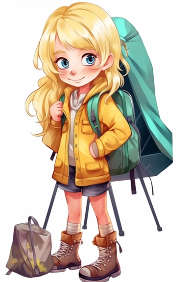 cute little girl 4 years old blonde hair in a camping outfit, cartoon style, clipart, white background, transparent background