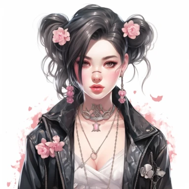 Disney Mulan, gothic makeover, jewelry like skull-shaped earrings, black leather jacket, cherry blossom, gothic style, rock style, Disney art, clipart, white background, by Kawacy