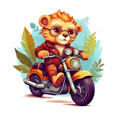 Create a clipart of a cute baby lion in a leather jacket riding a vintage motorcycle. Strong and vibrant colors. Jungle trees before a White Background, soft lighting.