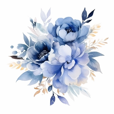 watercolor blue dusty flowers clipart for wedding invitation card, hd, detailed, pastel color, clean line, on white background, spaced out
