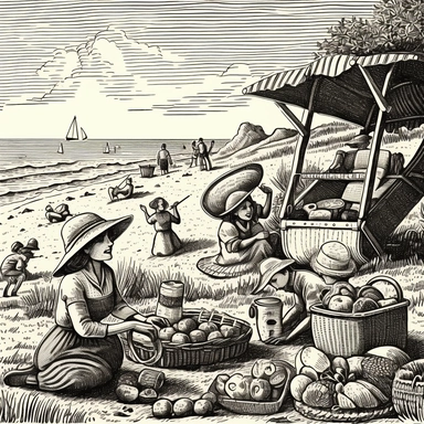 Line art representation, joyful family picnic on a sandy beach, sun hats, baskets of fruits, striped beach towel, coolers, kids playing with frisbees, parents relaxing on deck chairs, detailed hatching for shadow effects, simple forms for a classic clipart feel