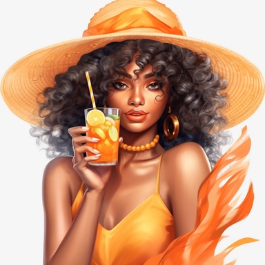 pretty black girl, Sun Straw Hat Wide Brim Summer Hat Foldable Roll up Floppy Beach Hats, pretty, holding a cocktail drink, orange outfit, 4k, hd, clipart