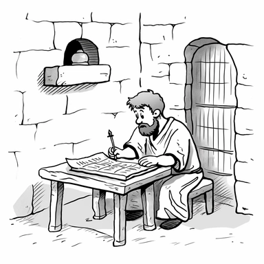 cute black and white clipart of paul from the bible writing a letter in prison, suitable for a childrens book